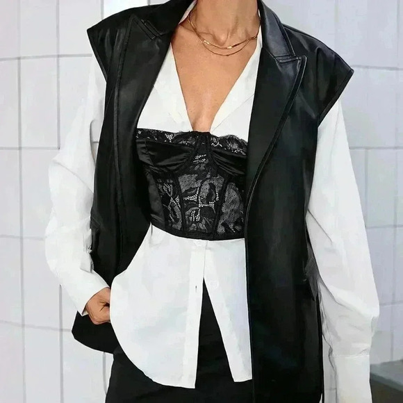 Black Elegant Women's Vintage Faux Leather Lapel Vest Jacket - Picture 7 of 7